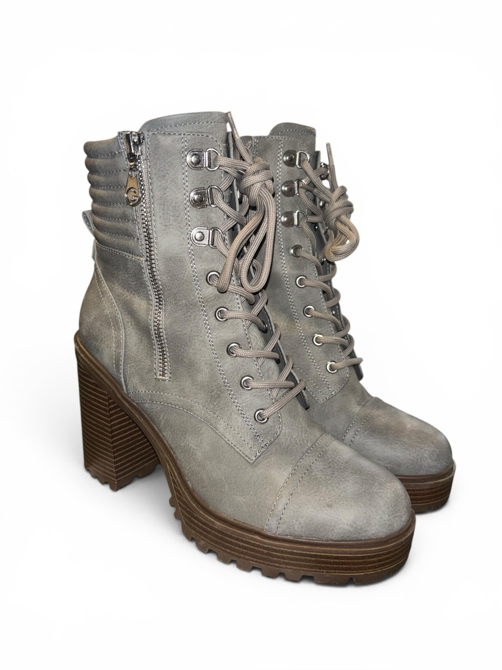 GBG Los Angeles Gray Platform Combat Boots, Lace Up, Side Zip, LN Cond. Sz 9.5